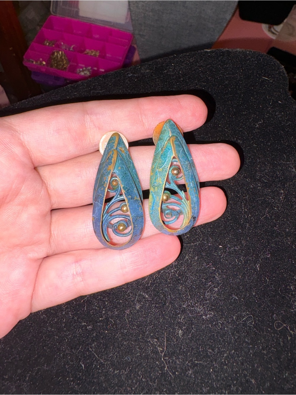 Vintage Teardrop Filigree Earrings in Blue-Green with Gold Accents